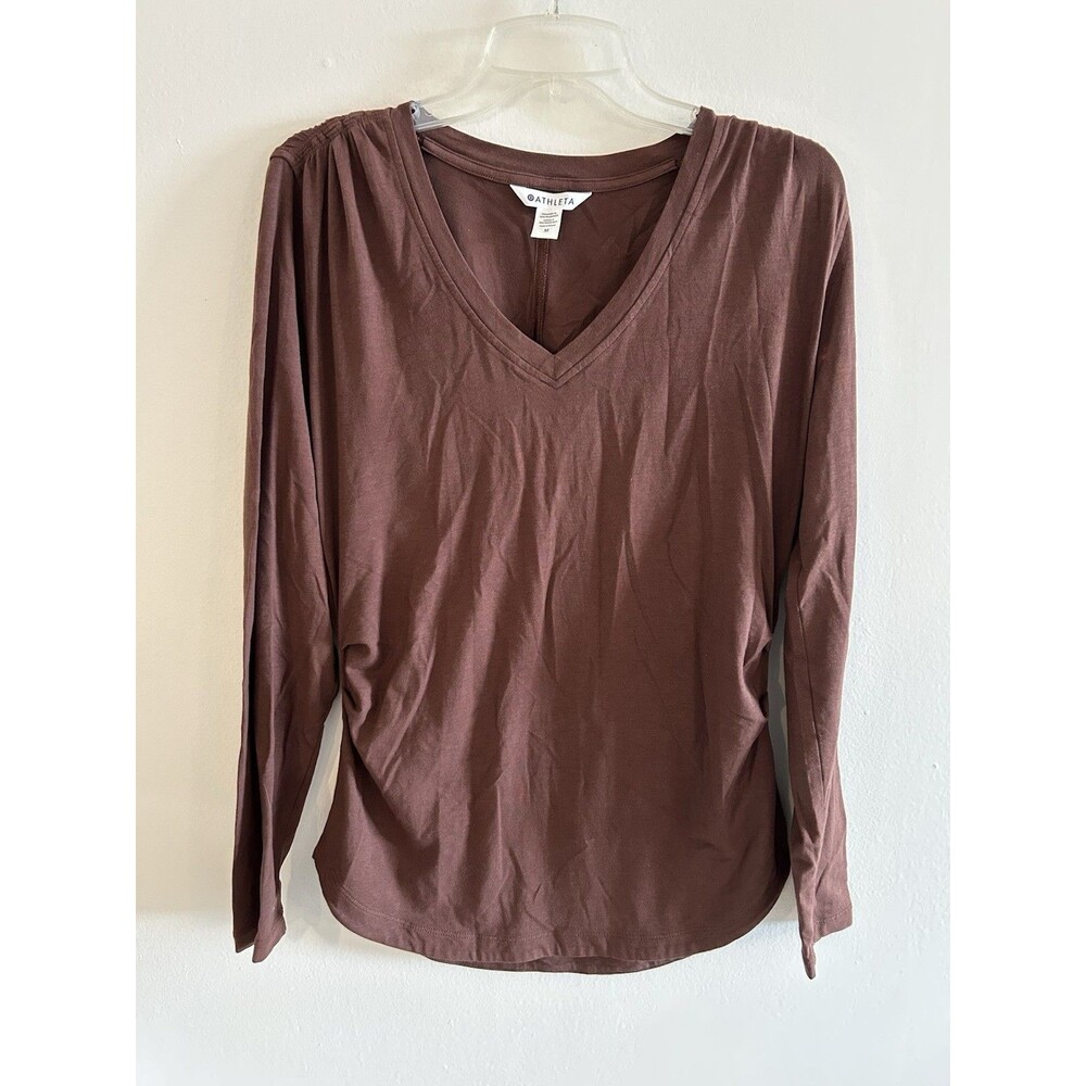 Athleta Outbound Long Sleeve V-neck Ruched Tee Expresso Size M